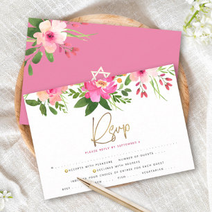 Bat Mitzvah Pink Floral Watercolor Gold Entrée RSVP Card