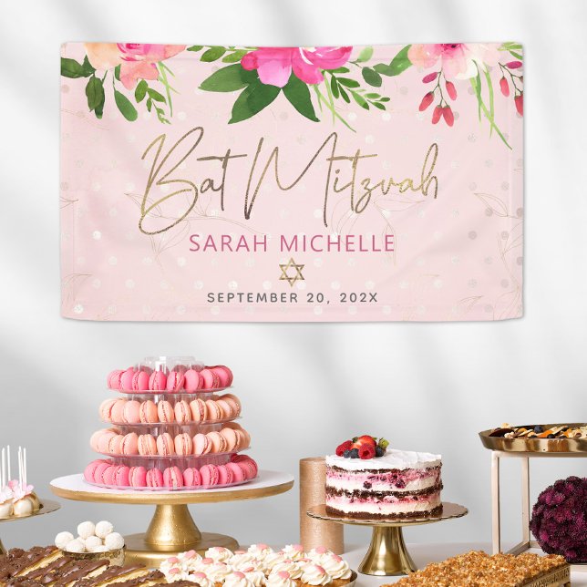 Bat Mitzvah Pink Floral Watercolor Gold Script Banner (Creator Uploaded)