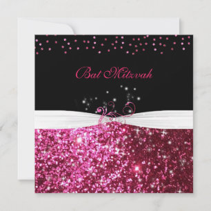 Bat Mitzvah Pink Glitter White Satin Invitation