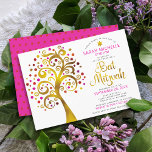 Bat Mitzvah Pink Gold Foil Script Tree of Life Invitation<br><div class="desc">Be proud, rejoice and showcase this milestone of your favourite Bat Mitzvah! This graphic faux gold foil tree with sparkly pink, orange, and red Star of David and dot “leaves” on a white background is the perfect invitation for this special occasion. A tiny, dark red Star of David pattern overlaying...</div>