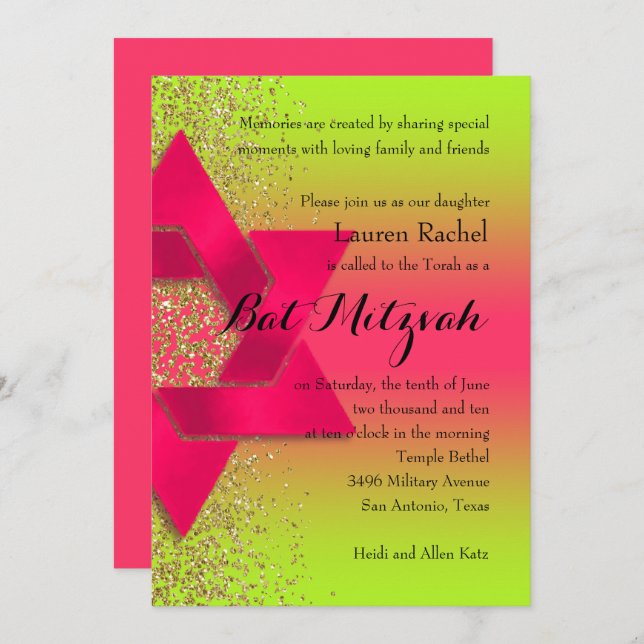 Bat Mitzvah Pink Green Ombre Faux Gold Glitter Invitation (Front/Back)