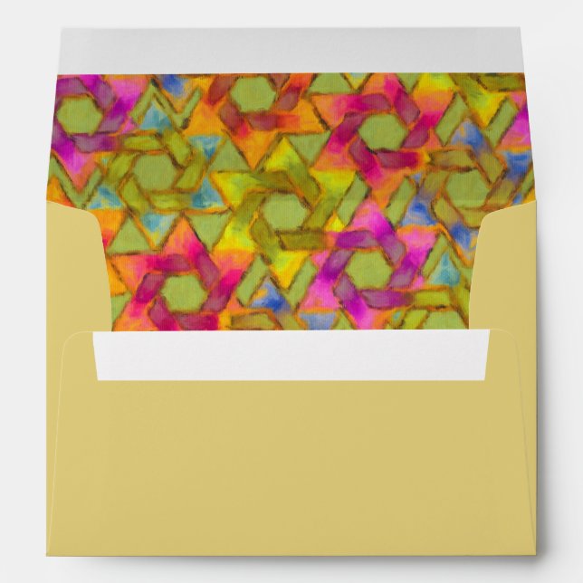 Bat Mitzvah Pink Green Orange Star Damask Envelope (Back (Bottom))
