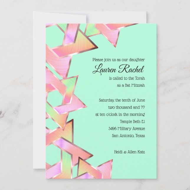 Bat Mitzvah Pink Green Peach Star of David Invitation (Front)