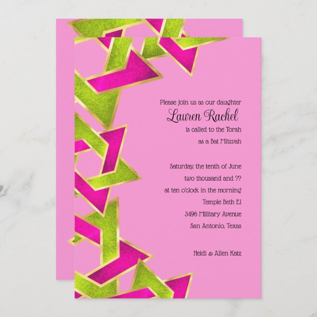 Bat Mitzvah Pink Green Star of David Invitat Invitation (Front/Back)