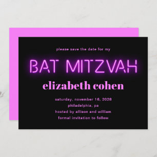 Bat Mitzvah Pink Neon Lights QR Code Save The Date Invitation