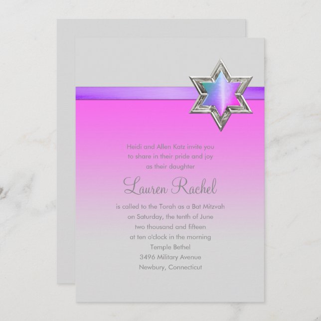 Bat Mitzvah Pink Ombre Ribbon and Star Invitation (Front/Back)
