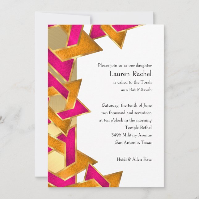 Bat Mitzvah Pink Orange Star of David on Any Colou Invitation (Front)