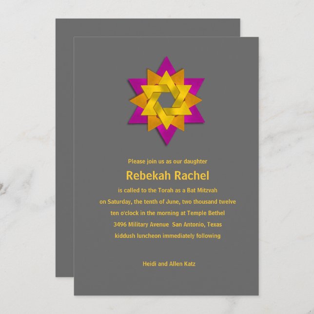 Bat Mitzvah Pink Orange Yellow Star Flower Invitation (Front/Back)