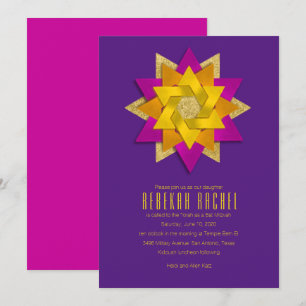 Bat Mitzvah Pink Orange Yellow Star Flower Purple Invitation