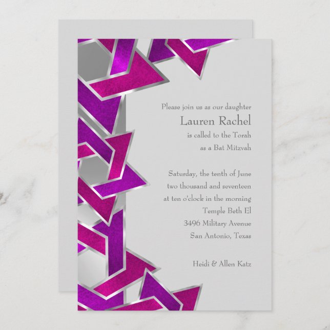 Bat Mitzvah Pink Purple Star of David on Any Colou Invitation (Front/Back)