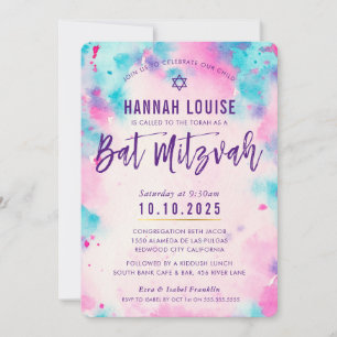 BAT MITZVAH pink purple watercolor gold script Invitation