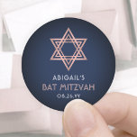 Bat Mitzvah Pink Rose Gold Navy Blue Star of David Classic Round Sticker<br><div class="desc">Add a personalised finishing touch to bat mitzvah thank you notes or favours with these elegant navy blue, white and pink round stickers / envelope seals. All text is simple to customise or delete. Design features a simple modern navy blue background, rose gold faux metallic foil Star of David, and...</div>