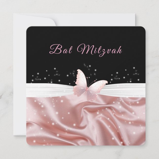 Bat Mitzvah Pink Satin Butterfly Sparkle Invitation (Front)