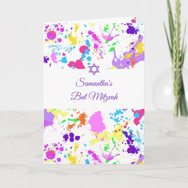 Bat Mitzvah Pink Turquoise Mauve Paint Splatter Invitation (Front)