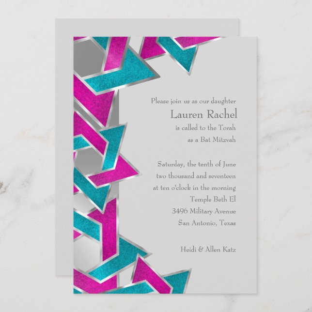 Bat Mitzvah Pink Turquoise Star of David Any Colou Invitation (Front/Back)