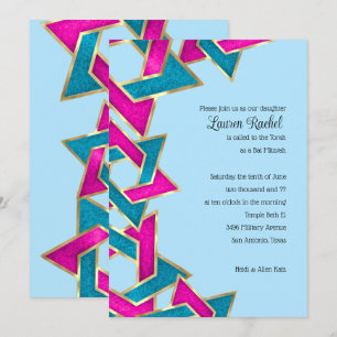 Bat Mitzvah Pink Turquoise Star of David Invitation