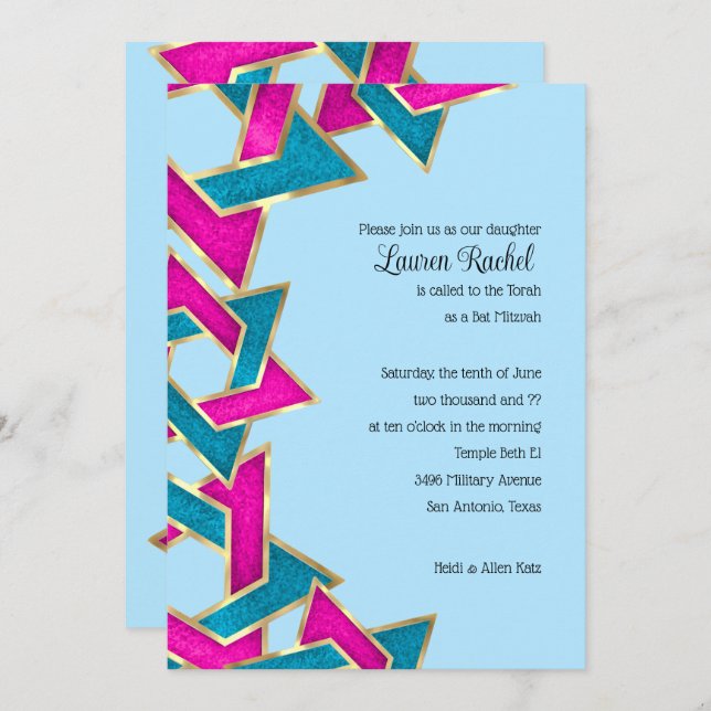 Bat Mitzvah Pink Turquoise Star of David Invitation (Front/Back)