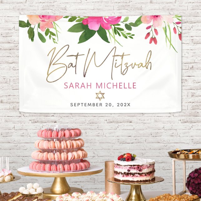 Bat Mitzvah Pink Watercolor Floral Gold Script Banner (Creator Uploaded)