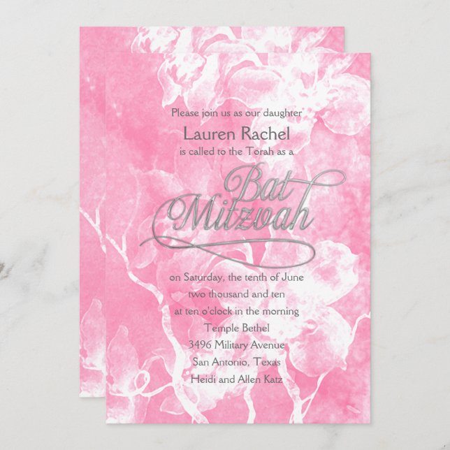Bat Mitzvah Pink Watercolor Flowers Invitation (Front/Back)