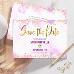 Bat Mitzvah Pink Watercolor Gold Script Chic Girly Save The Date<br><div class="desc">Make sure all your friends and relatives will be able to celebrate your daughter’s milestone Bat Mitzvah! Send out this stunning, modern, sparkly gold faux foil and glitter dots and typography script against a soft pink watercolor background, personalised “Save the Date” announcement card. Your custom message and additional gold dots...</div>