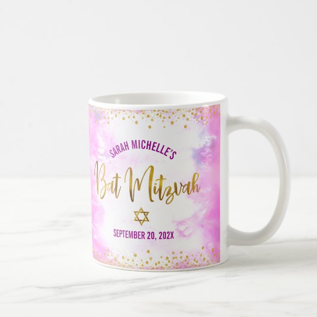 Bat Mitzvah Pink Watercolor Gold Script Confetti Coffee Mug (Right)