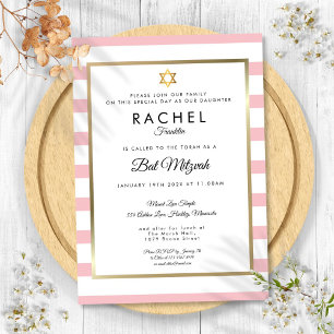 Bat Mitzvah Pink White Stripe Gold Star of David Invitation