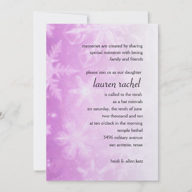 Bat Mitzvah Pink with White Snow Flakes Invitation (Front)