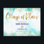 Bat Mitzvah Postponed Gold Glitter Blue Watercolor Invitation Postcard<br><div class="desc">Make sure all your friends and relatives will still be able to celebrate your daughter’s milestone Bat Mitzvah, regardless of current global unforeseen circumstances. Send out this stunning, modern, sparkly gold faux foil and glitter dots and typography script against a turquoise blue watercolor background, personalised “Change of Plans” announcement postcard....</div>