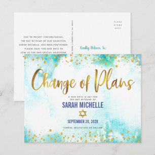 Bat Mitzvah Postponed Gold Glitter Blue Watercolor Invitation Postcard