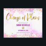 Bat Mitzvah Postponed Gold Glitter Pink Watercolor Invitation Postcard<br><div class="desc">Make sure all your friends and relatives will still be able to celebrate your daughter’s milestone Bat Mitzvah, regardless of current global unforeseen circumstances. Send out this stunning, modern, sparkly gold faux foil and glitter dots and typography script against soft pink watercolor background, personalised “Change of Plans” announcement postcard. Personalise...</div>