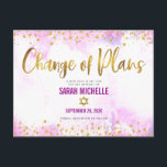 Bat Mitzvah Postponed Gold Glitter Pink Watercolor Invitation Postcard<br><div class="desc">Make sure all your friends and relatives will still be able to celebrate your daughter’s milestone Bat Mitzvah, regardless of current global unforeseen circumstances. Send out this stunning, modern, sparkly gold faux foil and glitter dots and typography script against soft pink watercolor background, personalised “Change of Plans” announcement postcard. Personalise...</div>