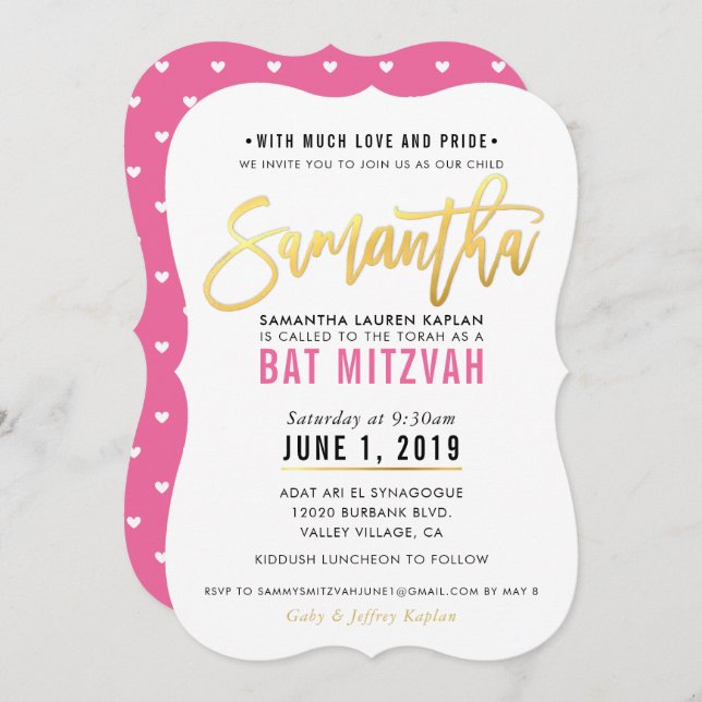 BAT MITZVAH pretty pink gold script SAMANTHA Invitation (Front/Back)