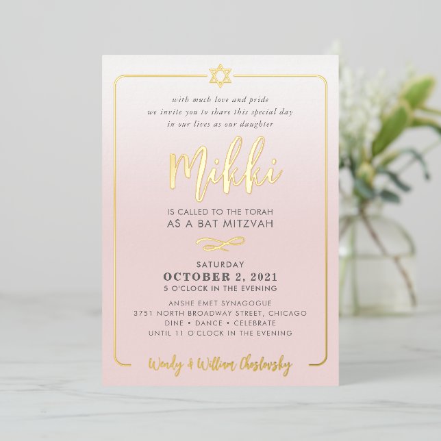 BAT MITZVAH pretty script pale pink ombre gold (Standing Front)