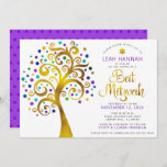 Bat Mitzvah Purple Gold Foil Modern Tree of Life Invitation<br><div class="desc">Be proud, rejoice and showcase this milestone of your favourite Bat Mitzvah! This graphic faux gold foil tree with sparkly turquoise, teal, purple and blue Star of David and dot “leaves” on a white background is the perfect invitation for this special occasion. A tiny, dark purple Star of David pattern...</div>