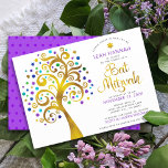 Bat Mitzvah Purple Gold Foil Modern Tree of Life Invitation<br><div class="desc">Be proud, rejoice and showcase this milestone of your favourite Bat Mitzvah! This graphic faux gold foil tree with sparkly turquoise, teal, purple and blue Star of David and dot “leaves” on a white background is the perfect invitation for this special occasion. A tiny, dark purple Star of David pattern...</div>