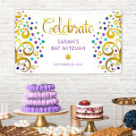 Bat Mitzvah Purple Gold Foil Script Tree of Life Banner<br><div class="desc">Be proud, rejoice and showcase this milestone of your favourite Bat Mitzvah! Hang up this stunning, modern, stylish, personalised banner to add to her special day. Sparkly, gold, faux foil calligraphy script, purple typography, and two abstract, graphic faux gold foil trees with sparkly purple, turquoise, blue, and green Star of...</div>