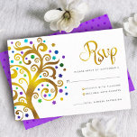 Bat Mitzvah Purple Gold Foil Tree of Life Modern RSVP Card<br><div class="desc">Be proud, rejoice and showcase this milestone of your favourite Bat Mitzvah! Include this graphic faux gold foil tree with sparkly turquoise, teal, purple and blue Star of David and dot “leaves” on a white background, personalised RSVP insert card for your event. A tiny, dark purple Star of David pattern...</div>