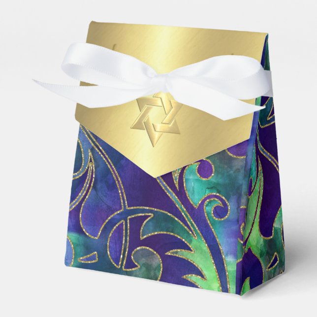 Bat Mitzvah Purple Green Watercolor Gold Accents Favour Box (Front Side)