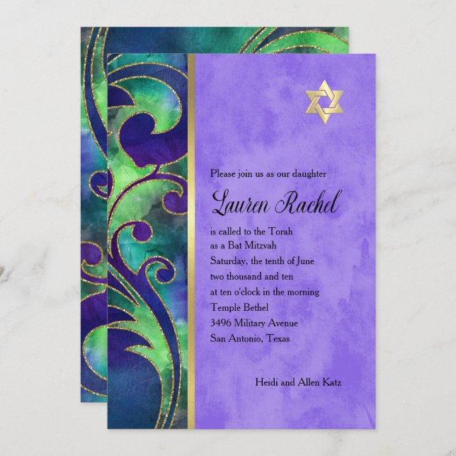 Bat Mitzvah Purple Green Watercolor Gold Accents Invitation (Front/Back)