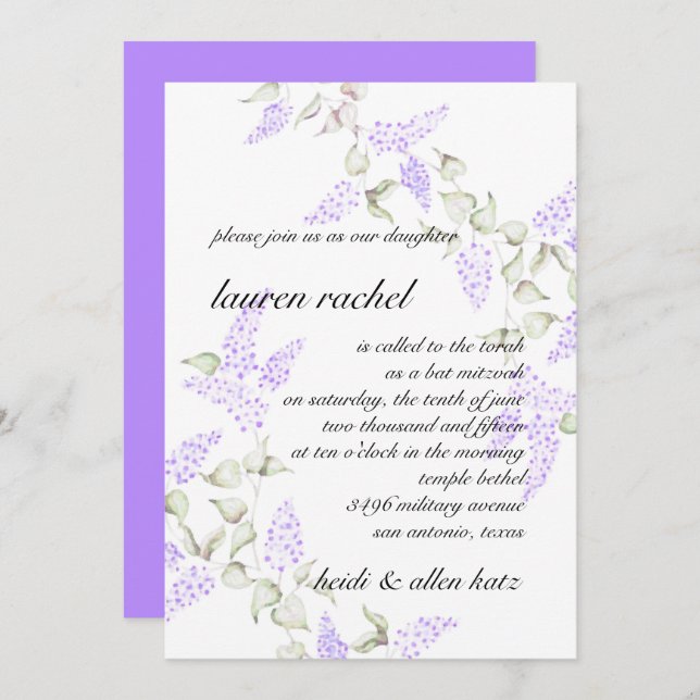 Bat Mitzvah Purple Lilac Floral Vine Invitation (Front/Back)