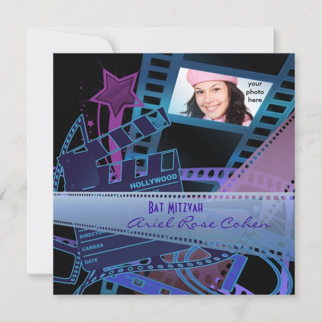 Bat Mitzvah Purple Photo Hollywood Star Invitation (Front)