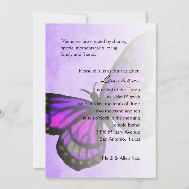 Bat Mitzvah Purple Pink Butterfly Ombre Invitation (Front)
