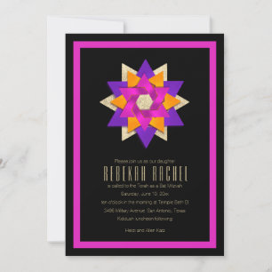 Bat Mitzvah Purple Pink Orange Star Flower Invitation