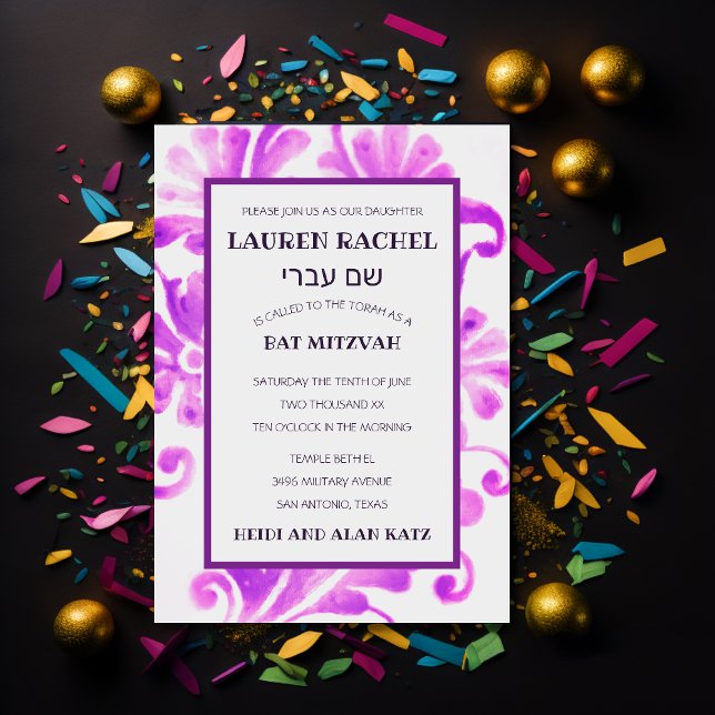 Bat Mitzvah Purple Pink Plume Invitation (Creator Uploaded)