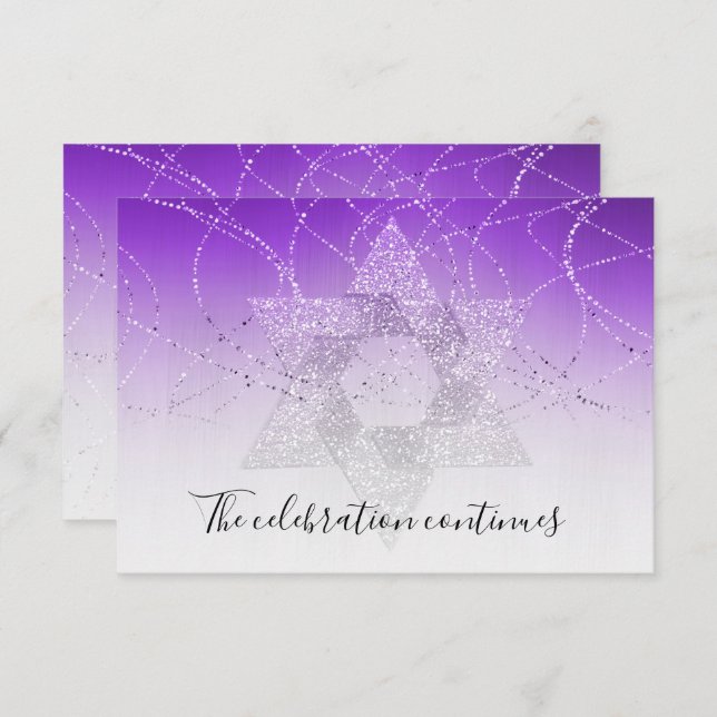 Bat Mitzvah Purple Star Glittery After Party Card (Front/Back)