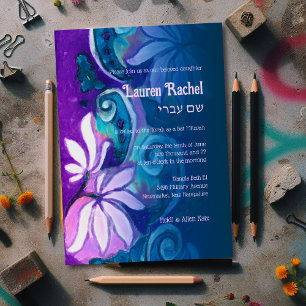 Bat Mitzvah Purple Teal Blue Pink Bohemian Floral Invitation
