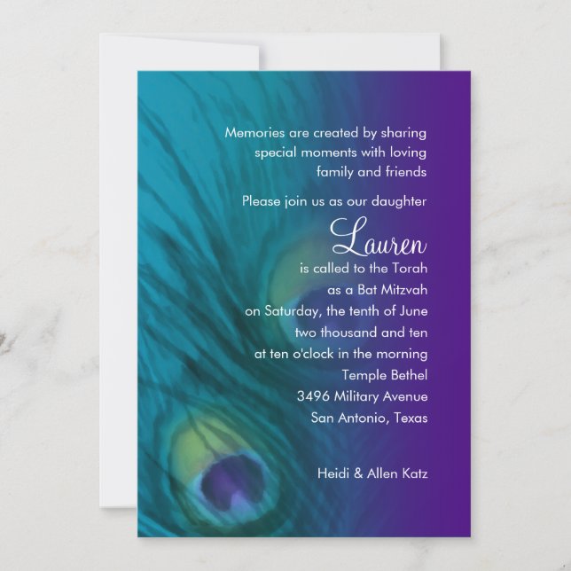 Bat Mitzvah Purple Teal Peacock Invitation (Front)