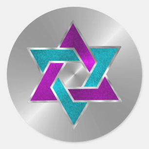 Bat Mitzvah Purple Turquoise Star David Silver Classic Round Sticker