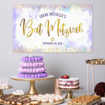 Bat Mitzvah purple watercolor gold foil script Banner<br><div class="desc">Be proud, rejoice and showcase this milestone of your favourite Bat Mitzvah! Hang up this stunning, modern, stylish, personalised banner to add to her special day. Sparkly, gold faux foil calligraphy script and glitter dots overlay a soft purple watercolor background. Personalise the custom text with your Bat Mitzvah’s name and...</div>