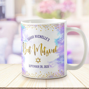 Bat Mitzvah Purple Watercolor Gold Script Confetti Coffee Mug